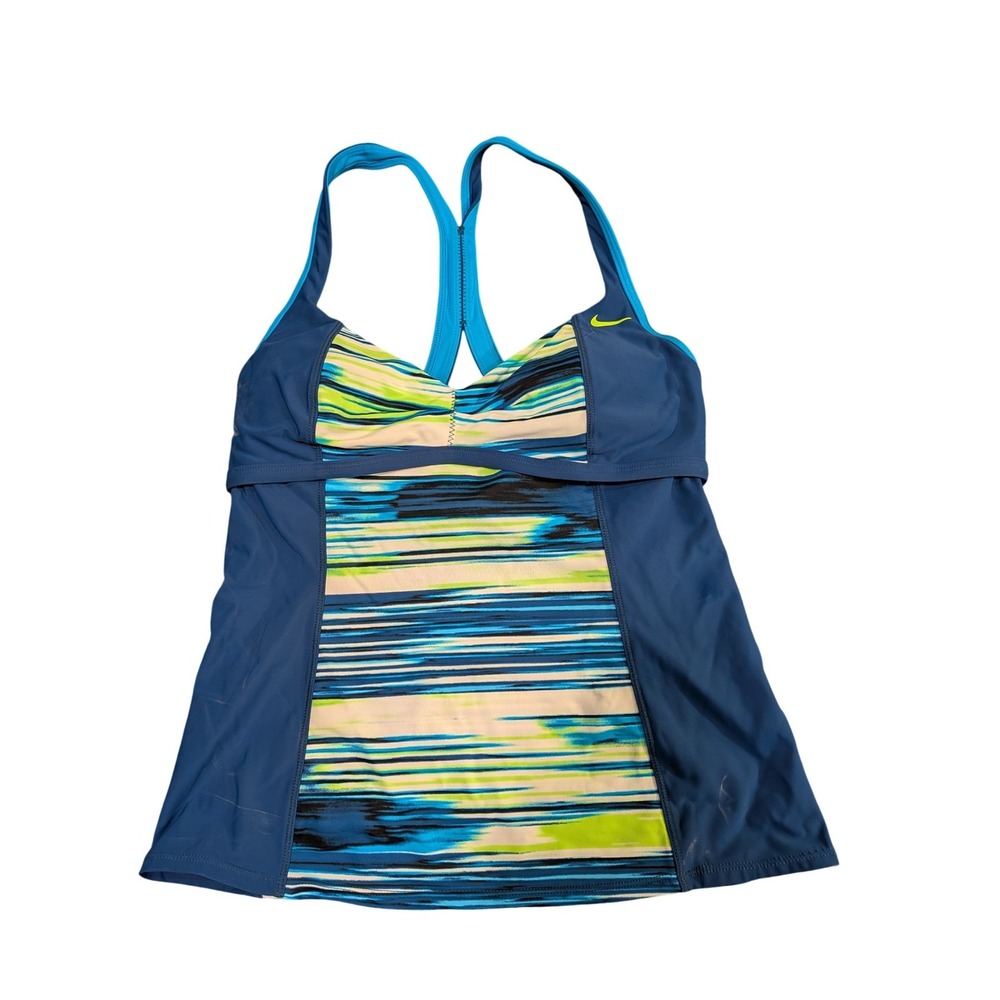 Nike Womens Tankini Swim Top Blue Lime Green Striped Racerback NESS5280 Size 10